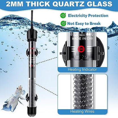 Dreyoo 2 Set 100W Submersible Aquarium Heater, Adjustable Aquarium Fish Tank Heater with 4 Thermometers Stickers and Suckers, Adjustable Knob Thermostat for Marine Saltwater and Freshwater