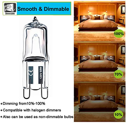 Vinaco G9 Bulb, 10 Pack G9 Halogen Bulb 60 Watt, High Output 720LM JD G9 120V 60W G9 Light Bulb Dimmable Long Lasting Lifespan, CRI100 & 2800K Warm White, G9/bi-pin Light Bulbs for Chandelier Lights - style: 60W- 10 Pack