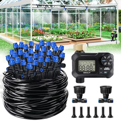 HIRALIY 118FT Drip Irrigation Kit with Water Timer, Quick-Connect Garden Watering System with 30 Adjustable Misting Nozzles, 1/4 in Tubing for Greenhouse, Raised Beds & Hanging Plants - size: 118 feet