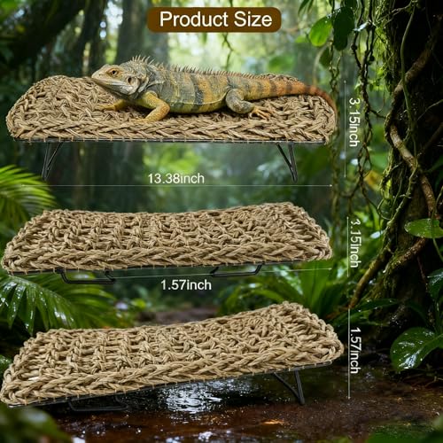 Large Bearded Dragon Tank Accessories13 x7.4"x3" + Humidity Meter Set Rectangle Lizard Bed with Metal Legs Grass Weaving Hammock for Turtle Snake Hermit Crab Frog (Straw Weaving, Rectangle)