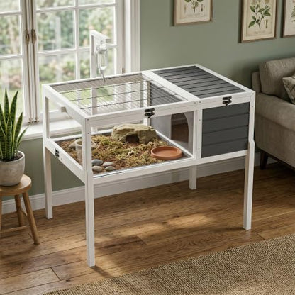 39" Wooden Reptile Habitat Tortoise House with Lamp Holder, Clear View Window & 2 Waterproof Trays, Detachable Legs Indoor Outdoor Enclosure for Turtles Lizards Geckos Small Pets (with Legs) - size: With Legs