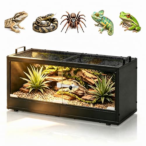 20 Gallon Reptile Terrarium Tank, Lockable Reptile Enclosure with Mesh Top & Handles, Escape-Proof Habitat Cage with Sliding Door for Snakes, Lizards, Tortoise & Small Animals, Black