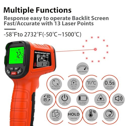 Infrared Thermometer Gun -58°F to 2732°F, 50:1 Non-Contact Laser Temperature Gun for Cooking, Pizza Oven, Reptile, Griddle, Digital Heat Gun for HVAC and Industrial Use - color: Orange/-58°F to 2732°F-holster