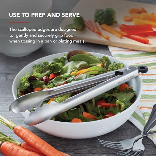 KitchenAid Set of 2 Stainless Steel Tongs with Scalloped Edges Easy Lock Dishwasher Safe Durable and Versatile 7 Inch and 9 Inch Silver - color: Stainless Steel, size: 7 and 9 Inches