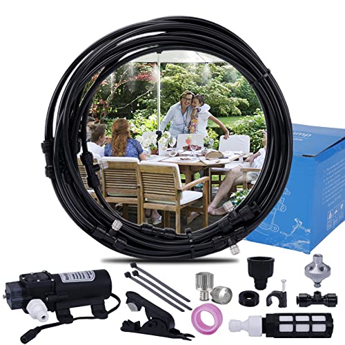Fogland Pump Misting System: Outdoor Misting System 49ft Misting Cooling System with 16pcs 0.016" Orifice Thread Stainless Steel Misting Nozzle for Patio Garden Backyard - size: 0.016" Orifice/49FT with 12V Pump
