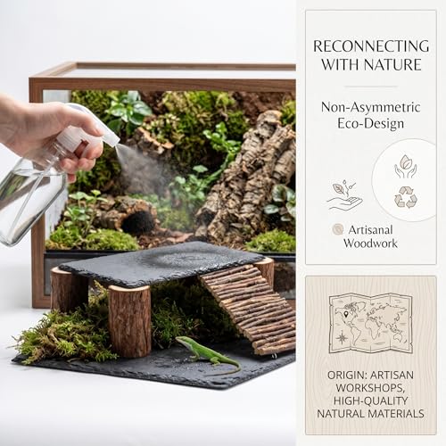 Bearded Dragon Basking Platform Natural Slate Rock with Wood Log Legs & Branch Ramp, Reptile Hide Basking Spot Tank Decor, Suitable for Leopard Gecko, Tortoise, Ball Python Small Black