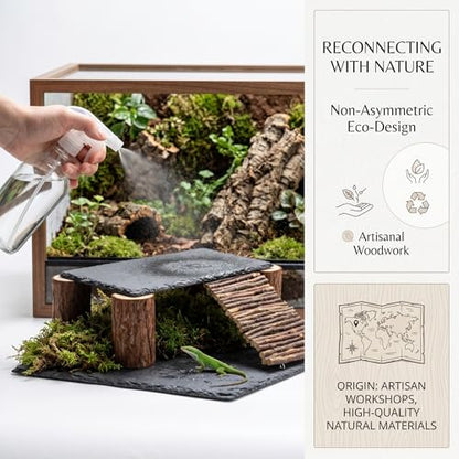 Bearded Dragon Basking Platform Natural Slate Rock with Wood Log Legs & Branch Ramp, Reptile Hide Basking Spot Tank Decor, Suitable for Leopard Gecko, Tortoise, Ball Python Small Black