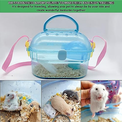Portable Hamster Cage Syrian Hamster Carry Travel Cage with Water Bottle Food Bowl Adjustable Strap Small Animals Outgoing Cages for Gerbil Squirrel Guinea Pig Chinchilla Hedgehog Blue - color: Blue Hamster Carriers