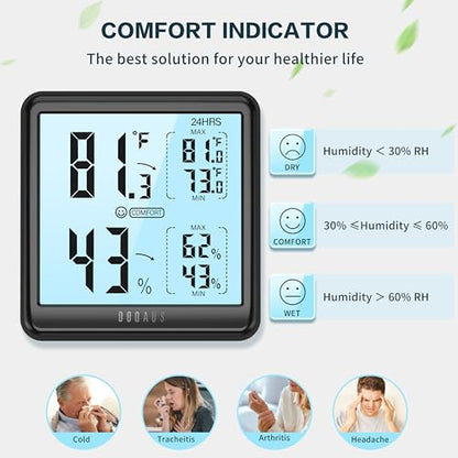 DOQAUS Room Thermometer Hygrometer, Digital Indoor Thermometer with Backlight, Large Screen Temperature Monitor Humidity Meter for Home, Bedroom, Baby Room, Office, Greenhouse (Black)