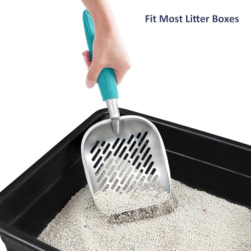WePet Cat Litter Scoop, Aluminum Alloy Sifter, Kitty Metal Scooper, Deep Shovel with Diagonal Sifting Hole, Long Handle, Kitten Poop Lifter for Litter Box, Medium Size, Green Handle - color: #03 Green, size: Medium