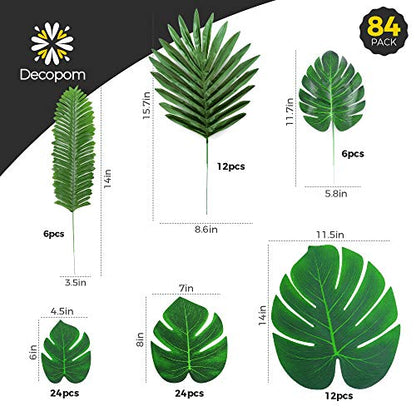 Decopom Palm Leaves Artificial Tropical Monstera-84Pcs 6 Kinds Large Small Green Fake Palm Leaf with Stems for Safari Jungle Hawaiian Luau Party Table Decoration Wedding Birthday Theme Party - style: 84 Pack