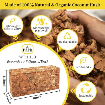 Riare 6 Pack Coco Chips Substrate for Plants- 6.6lb 100% Organic Coconut Husk Brick with Low EC and pH Balanced, High Expansion Coconut Substrate Coco Husk Mulch for Garden Flowers, Herbs, Planting - color: 6 Pack