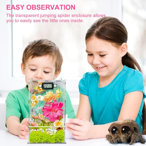 Jumping Spider Enclosure,DIY Insects Habitat,Small Reptile Terrarium Glass House Accessories Set,with Temperature and Humidity Detector Water Feeder Platform Hide,5.5“x5.5”x9.5“ (Garden) - color: Garden