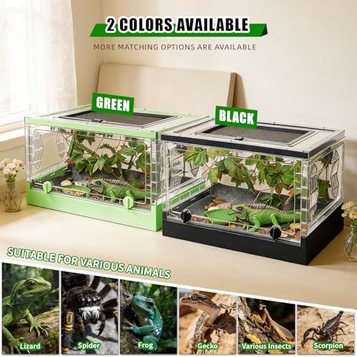 Travel Foldable Reptile Terrarium with Sliding Door Portable Spider Enclosure, Lizard Cage, Plastic Habitat for Tarantula, Tree Frog, Leopard Gecko, Snake, Ventilated Terrarium Starter Kit Green - color: Green