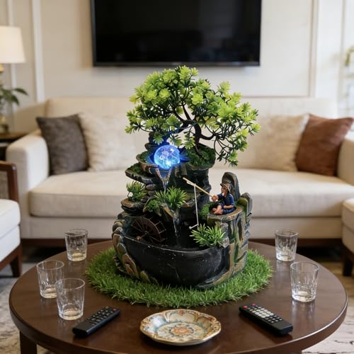 11.81in Rockery Tabletop Fountain Indoor Waterfall Fake Bonsai Desk Decor | Feature Mini Water Fountain Desktop Decor Humidifier with Pump and LED Light, Home Office Bedroom Relaxing (No Atomizer)
