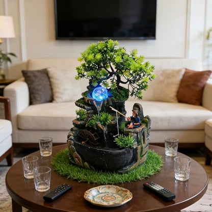 11.81in Rockery Tabletop Fountain Indoor Waterfall Fake Bonsai Desk Decor | Feature Mini Water Fountain Desktop Decor Humidifier with Pump and LED Light, Home Office Bedroom Relaxing (No Atomizer)