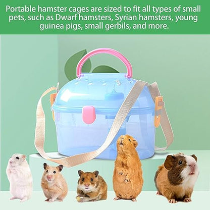 Portable Hamster Cage Syrian Hamster Carry Travel Cage with Water Bottle Food Bowl Adjustable Strap Small Animals Outgoing Cages for Gerbil Squirrel Guinea Pig Chinchilla Hedgehog Blue - color: Blue Hamster Carriers