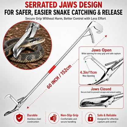 60" Snake Grabber, Collapsible Snake Tongs All-Stainless Steel, Humane Rattle Snake Reptile Catcher Pincher, Smooth Wide Jaw Hangling Tool with Lock - size: 60" snake grabber
