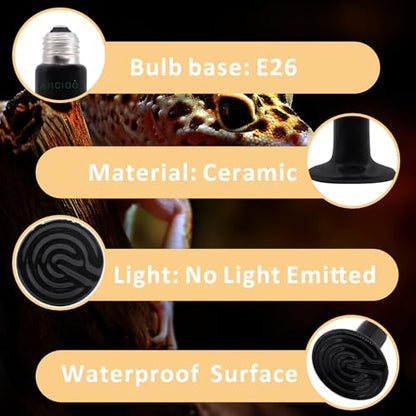 Aiicioo 50W Black Ceramic Heat Emitter 2Pack No Light Heat Bulb for Reptile Emitting Heat Lamp Bulb for Bearded Dragon Lizard Tortoise Turtle Snake Brooder Coop