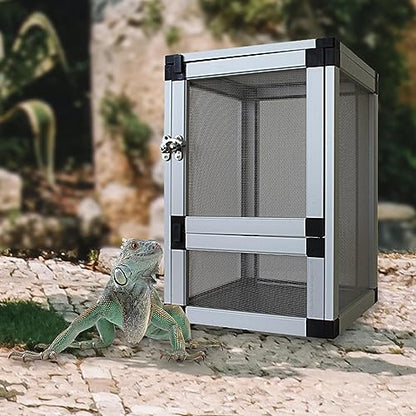 Reptile Habitat Ventilation Cages Feeding Container for Gerbils Chameleons Hamsters, Silver - color: Silver