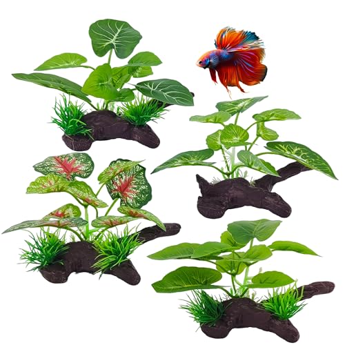4 Pcs Silk Aquarium Plants for Betta Fish,Betta Fish Tank Decor, Plastic Artificial Plants for Reptile, Turtle and Goldfish
