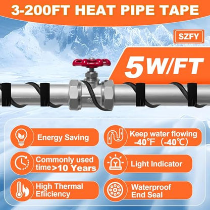 15FT Heat Tape for Water Pipes, -40°F Deicing Cable,Pipe Heating Cables for Roof,Gutter，Farm，Freeze Protetion Heat Trace Cable, Heated Water Hose,Plumbing Fixtures,120V 5W/FT - size: 14FT