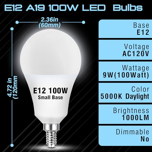 E12 A19 LED Candelabra Bulbs 100W Equivalent Daylight White 5000k, A60 Globe Shape Ceiling Fan Light Bulbs 9W 1000LM, E12 Small Candelabra Screw Base Chandelier Pendant Light Bulb, Non-Dimmable, 4Pack - color: Daylight White, size: 100 Watt (4 Count)