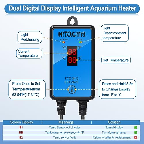 HiTauing Aquarium Heater, Upgraded 300W/500W Fish Tank Heater with Intelligent Leaving Water Automatically Stop Heating and Advanced Temperature Control System, Suitable for Saltwater and Freshwater - size: 500W for 75-135 Gallon
