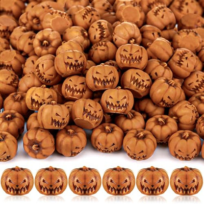 Arrowbash 100 Pcs Mini Halloween Pumpkin Skull Figurines Bulk Small Resin Skeleton Head Statues Decoration Miniature Realistic Fake Skeleton Figure for Halloween Party Favor Home Table Decor (Pumpkin) - style: Pumpkin
