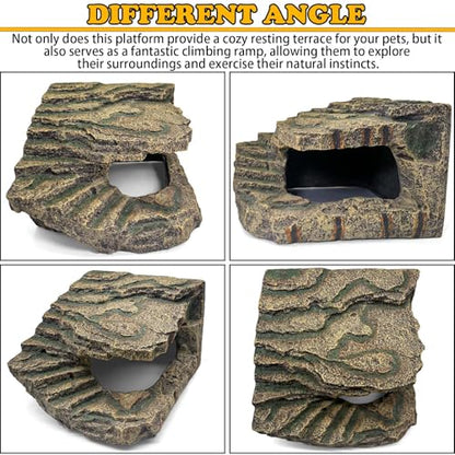 kathson Extra Large Turtles Basking Platform,Resin Reptile Hideouts Cave Habitat Decor,Tortoise Hide Cave with Climbing Ramp Step,Bearded Dragons Hide Basking Rocks Accessories for Lizard,Gecko,Frog