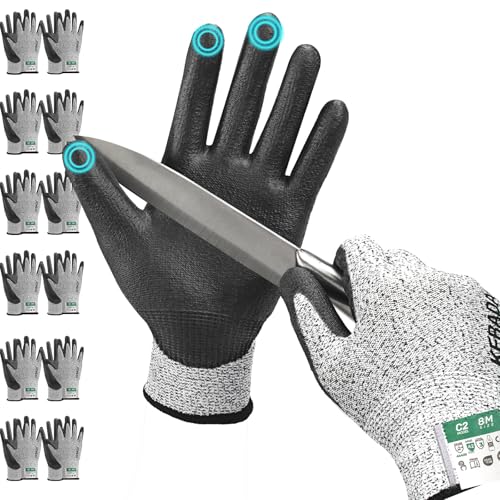 Kebada C2 Cut Resistant Gloves, ANSI A2, PU-Coated Work Gloves with Grip, Touchscreen Compatible, Ideal for Safety Protection & Anti-Cut Tasks, 12 Pairs, Small - color: Grey(12 Pairs), size: 7/Small