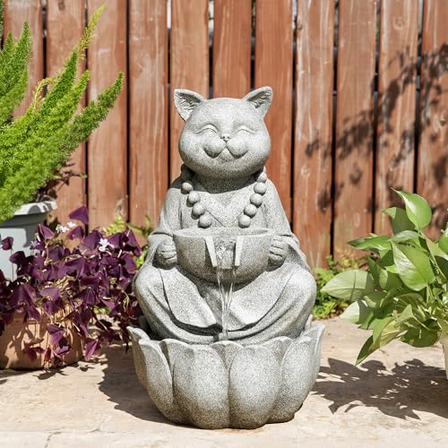 Glitzhome Water Fountain Outdoor, Outdoor Fountain with Lights, Zen-Style Water Fountain with Pump, 22" H 2-Tiered Concrete Cat Statue Polyresin Water Feature for Home Patio Garden Backyard Decor - color: Concrete Cat, size: 22"H