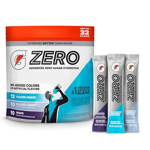 Gatorade Zero Sugar Electrolyte Powder Drink Mix, 3 Flavor Variety Pack, (32 Servings), No Artificial Flavors, No Added Colors, Zero Sugar, Sports Drinks, Hydration, Electrolyte Drink