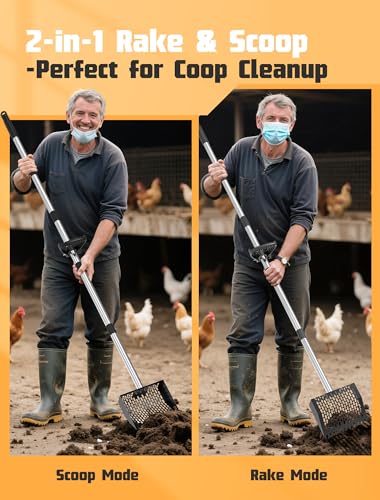 Chicken Poop Scooper & Rake, Metal Sifting Shovel 10" Wide Metal Head, Adjustable Handle to 74", Chicken Coop Scooper with Adjustable Handle for Chicken Coop & Pet Waste Cleaning