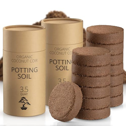 Coconut Coir Potting Soil for Indoor Plants - Expands to 7 Quart (15 lb) | Bonsai Soil Discs Perfect for General Houseplants, Herbs, and Bonsai Trees - Expands with Water - size: 7 Quart