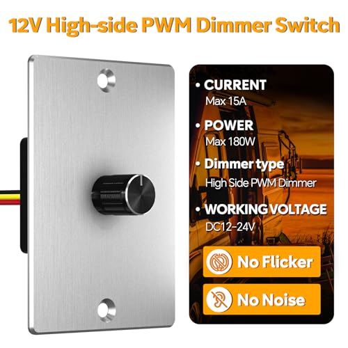 12 Volt PWM LED Dimmer Switch 15A 180W, Push On/Off, Rotary Knob Dimming,12V/24V Light Dimmer for RV Boat Truck Camper Van Trailer Light Fixture, LED Strip Lights (High Side, Silver Panel) - color: High Side, Silver Panel