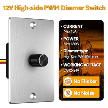12 Volt PWM LED Dimmer Switch 15A 180W, Push On/Off, Rotary Knob Dimming,12V/24V Light Dimmer for RV Boat Truck Camper Van Trailer Light Fixture, LED Strip Lights (High Side, Silver Panel) - color: High Side, Silver Panel