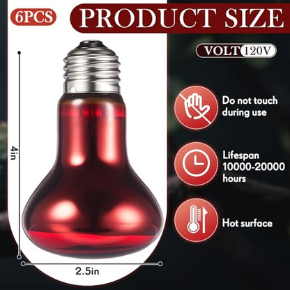 VIHOSE 6 Pack 100 W Reptile Heat Bulbs Red Heat Lamp Bulb Infrared Lamp Red Basking Light Bulbs for Reptiles, Bearded Dragon, Lizard, Tortoise, Chickens, Leopard Gecko, Amphibian, Pets - color: Infrared