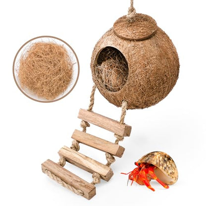 U0U Hermit Crab Coconut Husk Hut with Branch Ladder,Coconut House Hermit Crab Shells Reptile Habitat,Coconut Nest Hangable Suitable for Animal Hiding Sleep (Coconut Shell with Fiber)