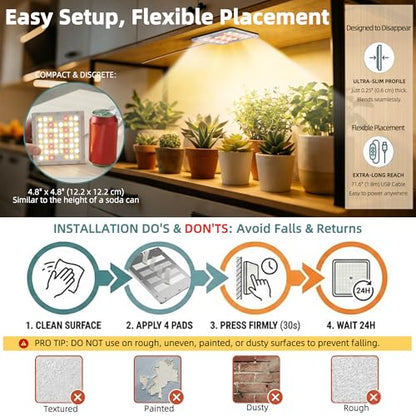 Under Shelf Grow Light, USB Powered Adhesive Stick On LED Under Cabinet Puck Light with Timer, Full Spectrum High PPFD Small Plant Light for Shelves, Indoor Plants, Terrarium, Display Case (3500K) - size: Single Head - 60 LED