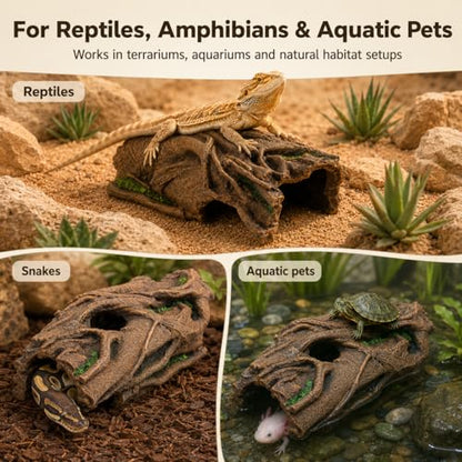 Large Reptile Hideout, Resin Hollow Log Cave for Ball Python & Bearded Dragon, Natural Basking Platform & Tank Decor for Snake, Gecko, Lizard, Tortoise, Axolotl