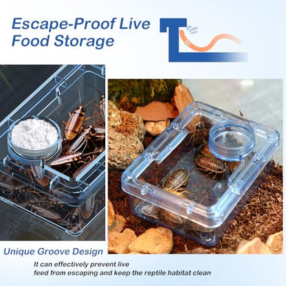 Reptile Anti-Escape Feeder, Transparent Blue Live Food Feeding Dish with Water Bowl, Escape Proof Feeding Container for Lizard Gecko Bearded Dragon Chameleon Spider Hermit Crab