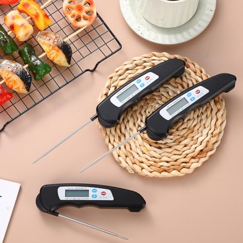 Xuhal 12 Pcs Digital Meat Thermometer with Probe Waterproof Instant Read Foldable Food Thermometer with Magnet for Kitchen Grilling Cooking Turkey Baking BBQ (Black) - color: black