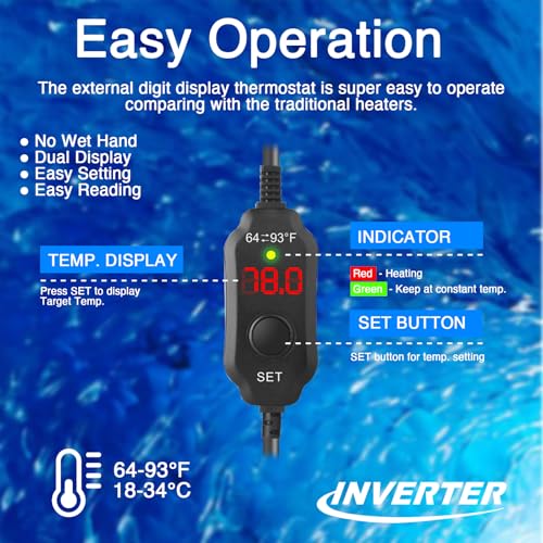 Aquarium Heater 100W, Submersible Fish Tank Heater with LED Digital Display, Auto Power-Off When Leaving Water & High Temp Protection, for Fresh and Salt Water Tanks 10-20 Gal - size: For Tanks 10-20 Gal