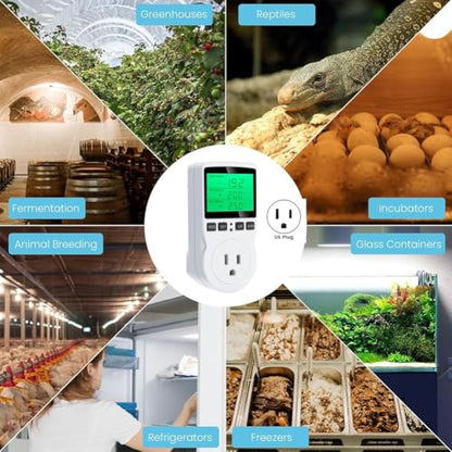 Digital Temperature Controller, Backlit LCD Screen Thermostat Heating Cooling Outlet Plug for Reptile Incubator US Plug