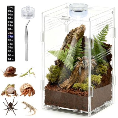 Jumping Spider Enclosure, Small Reptile Insect Terrarium, Spider Tank with Magnetic Door & All-Side Vent, Pre-Assembled Habitat for Spiderling, Mantis, Tarantula, Snail 7.8" * 4.7" * 4.7 (Vertical)