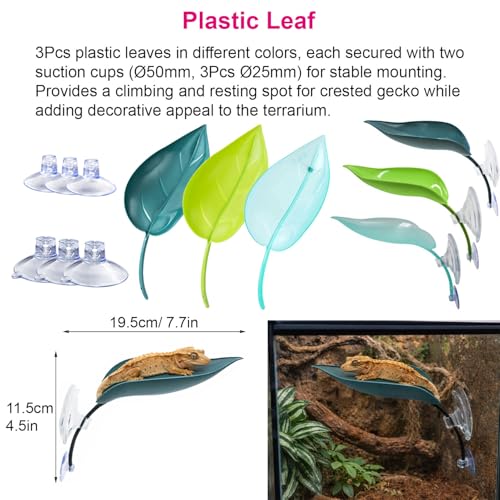 17Pcs Crested Gecko Tank Accessories Kit – Feeding Ledge with Strong Suction Cups, Blue Hideout Tray, Plastic Feeding Bowl, 6 Cresteds Geckos Cups & Crested Gecko Spoon