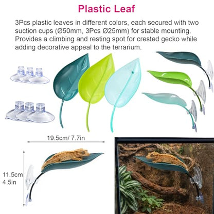 17Pcs Crested Gecko Tank Accessories Kit – Feeding Ledge with Strong Suction Cups, Blue Hideout Tray, Plastic Feeding Bowl, 6 Cresteds Geckos Cups & Crested Gecko Spoon