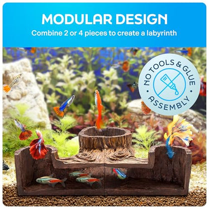 FISHNOSH Aquarium Cave | Natural-Looking Wood-Like BPA-Free Fish Tank Cave for Corners | 5.1” x 2” x 2.7” Fish Hideout for Aquarium | Guppy, Neon Tetra, Corydoras Catfish, Betta Hide | Tank Decor