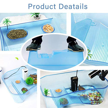 PINVNBY Plastic Turtle Tank Reptile Habitat Pet Terrariums Turtles Tank Aquarium Terrapin Topper Basking with Platform Plants,Durable,Safe, Non-Toxic(Blue) - color: Blue